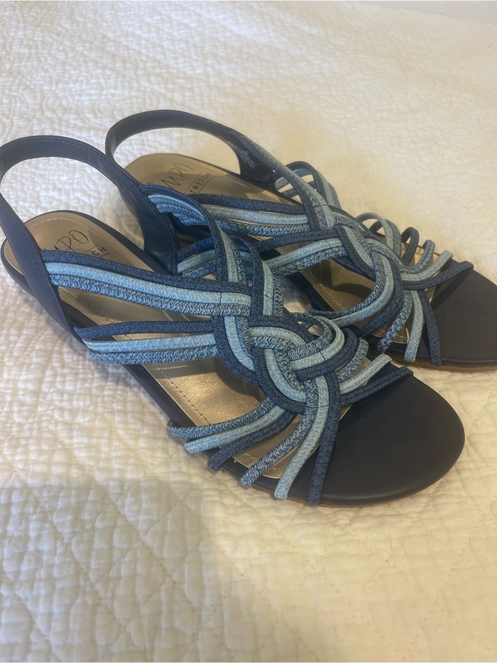 IMPO Stretch Blue Strappy Slingback Wedge Comfort Sandals Size 8.5 M Stretch New